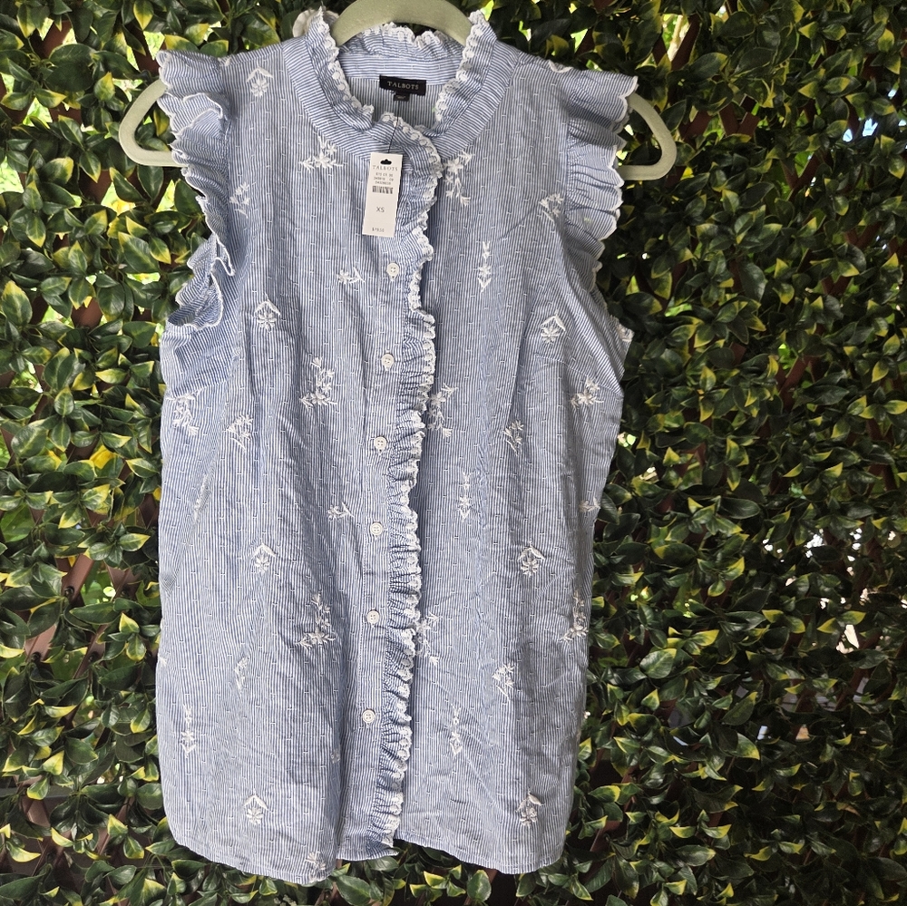 Talbots Sleeveless Blouse Embroidered Flowers Stripe Button Blue White XS NWT